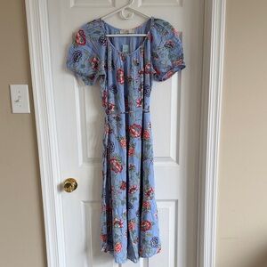 NWT LOFT Blue Floral Puff-Sleeve Midi Dress